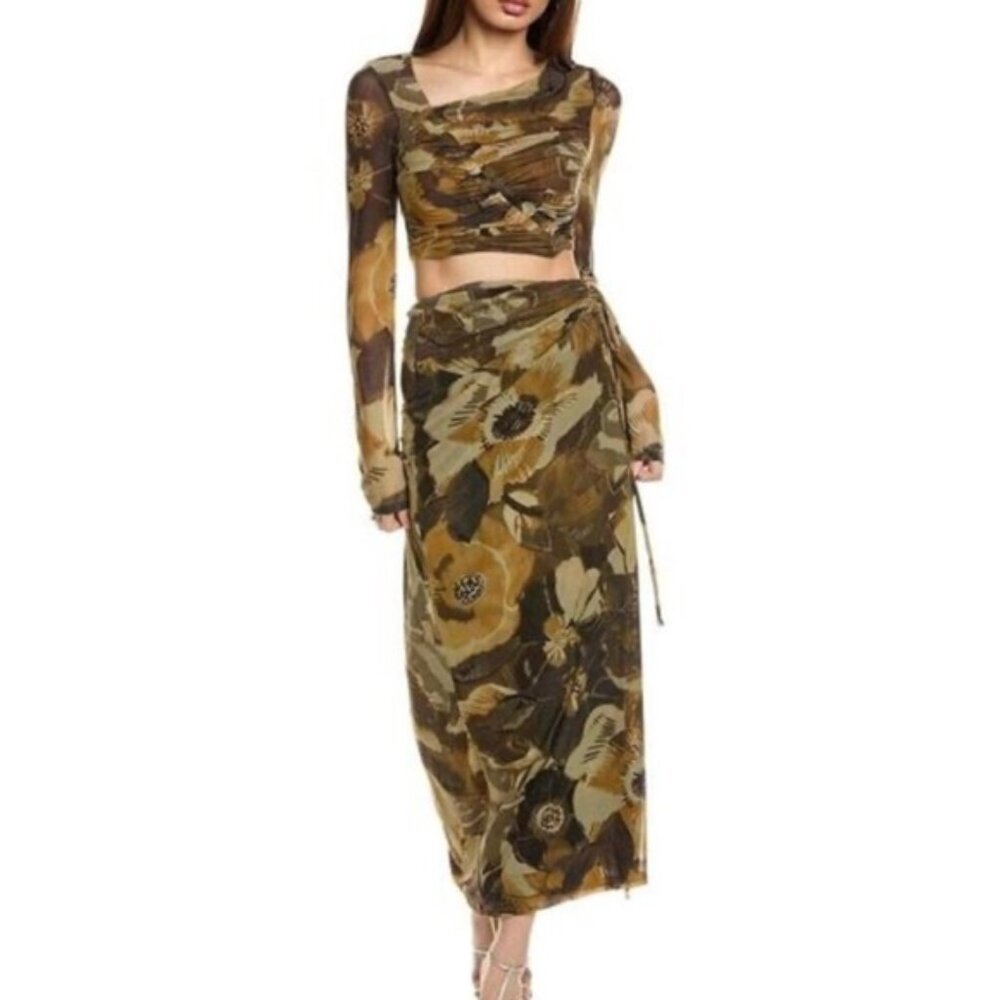 Free People Supernova Long Sleeve Top & Maxi Skirt Set XS olive brown army combo